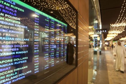 أسعار الصرف على إحدى شاشات محال سوق المباركية في دولة الكويت